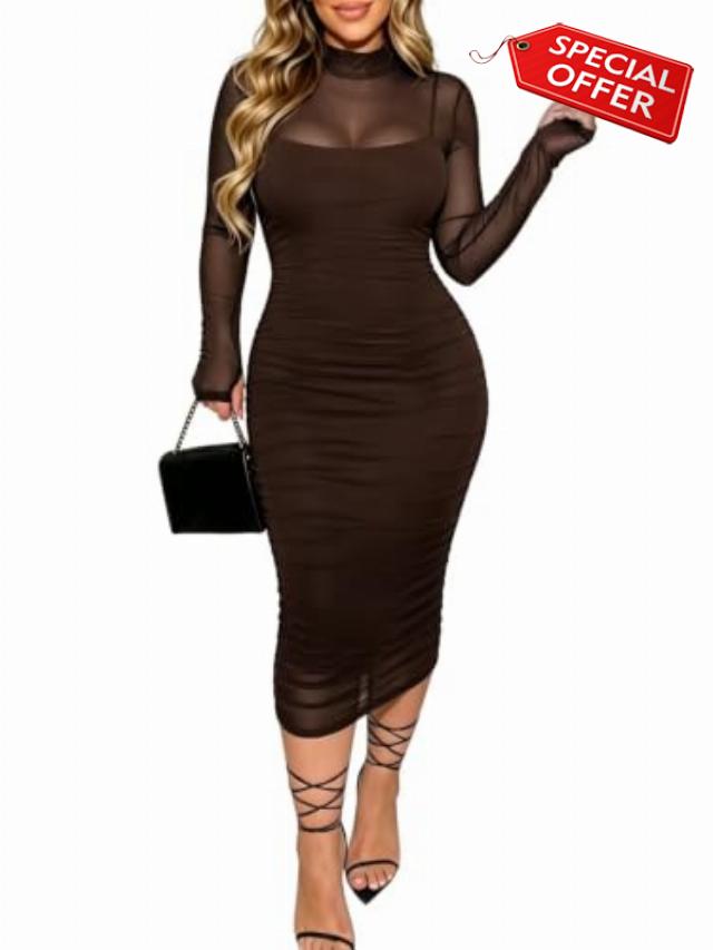 Women Mesh Long Sleeve Midi Dress Mock Neck Ruched Club Party Dress                                                          Sheer Mesh