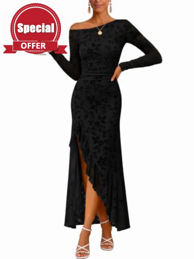 Caracilia Womens Fall Off Shoulder Long Sleeve Bodycon                                                          Wedding Guest Cocktail Party Formal Dress