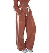 EXLURA Womens Cotton Baggy Wide Leg Sweatpants Side Striped Drawstring Elastic Waisted Y2K Track ...