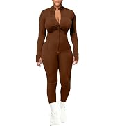 UOUA Womens Workout Set Two Piece Outfits Bodycon Long Sleeve Zipper Jacket & Leggings for Gym Tr...