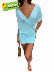 Verdusa Women's Draped V Neck Wrap Dress Ruched Mini Cocktail Dresses                                                          Short Sleeve