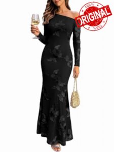 Caracilia Wedding Guest Dresses for Women One Shoulder Long Sleeve Floral                                                          Fall Embroidered Bodycon Slim Stretch