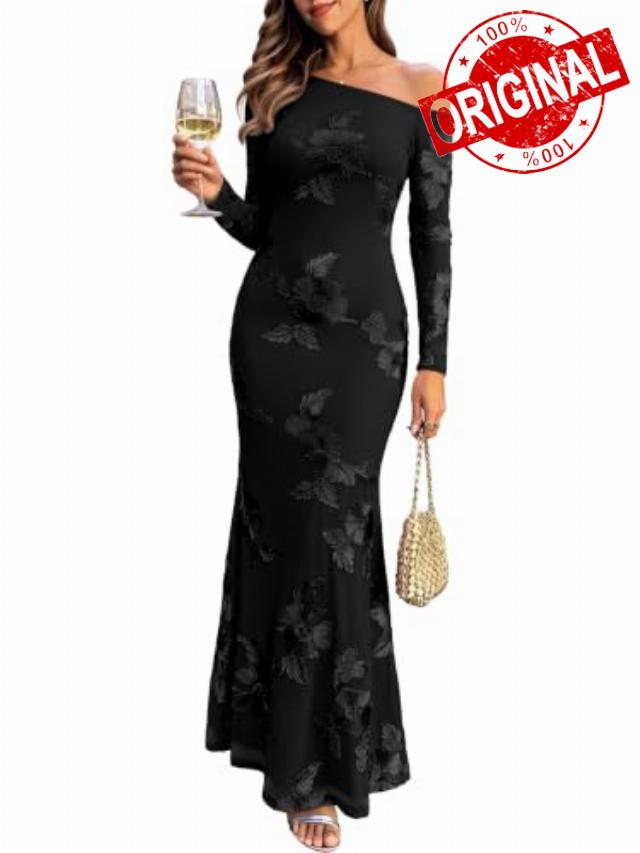 Caracilia Wedding Guest Dresses for Women One Shoulder Long Sleeve Floral                                                          Fall Embroidered Bodycon Slim Stretch