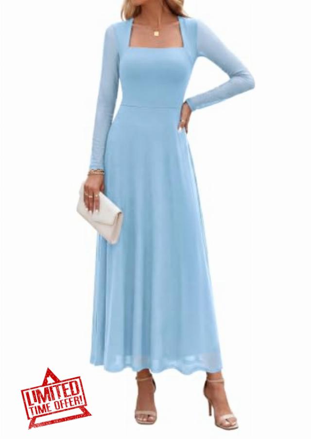 PRETTYGARDEN Women's Flowy Maxi Mesh Fall Cocktail Wedding Guest Dresses                                                          Square Neck