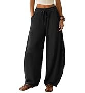EXLURA Womens Baggy Barrel Pants Waffle Knit Wide Leg Drawstring Sweatpants High Waisted Comfy Lo...