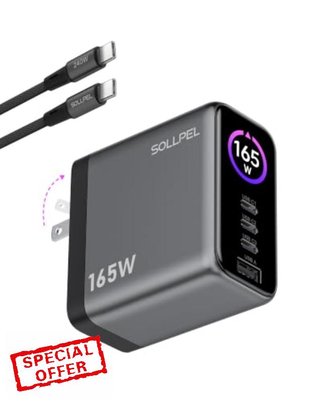 165W 4-Port USB C GaN Charger with Display