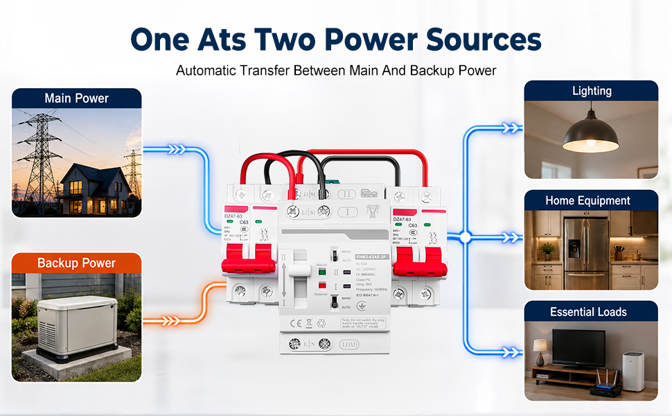 ATS AC Automatic Transfer Switch 2P 63A 220V with Circuit Breaker