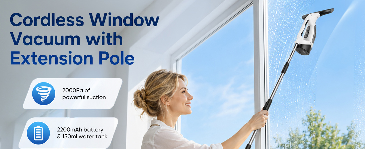 Window Vacuum Squeegee Cordless, Electric Window Vacuum Squeegee with 31-40 Inch Extension Pole