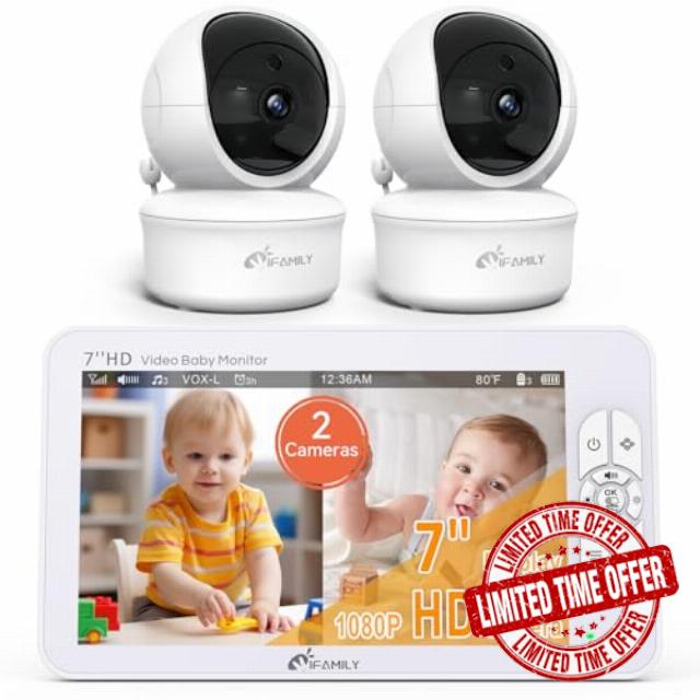 iFamily 7" Large Split Baby Monitor with 2 HD Cameras and Audio                                                          1080P HD Video Baby Monitor No WiFi