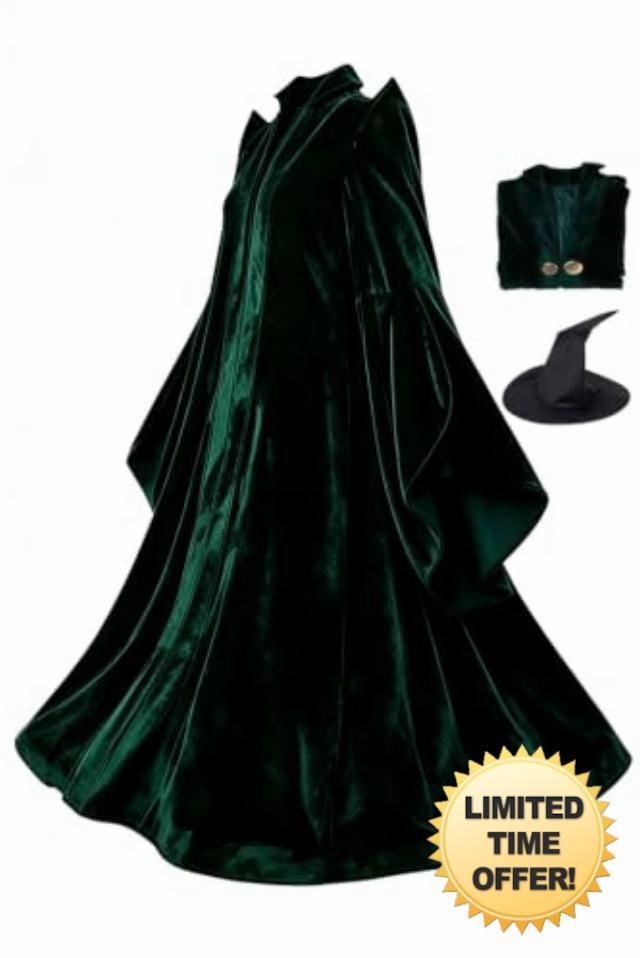 Women's Witch Costume Green Velvet Robe Halloween Cosplay Wizard Outfi