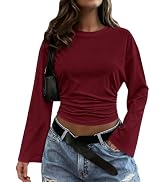 PRETTYGARDEN Womens Bell Long Sleeve Lightweight Cropped Tops | Classic Crewneck Ruched Waist Tee...