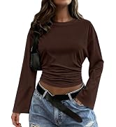 PRETTYGARDEN Womens Bell Long Sleeve Lightweight Cropped Tops | Classic Crewneck Ruched Waist Tee...