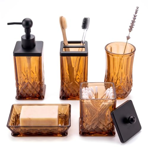 5-Pack Vintage Thick Glass Soap Dispenser and Toothbrush Holder Set for Bathroom Counter