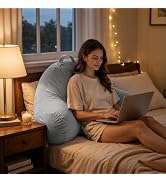 Reading Pillow for Bed Sitting Up, Oversized Back Pillow with Arms | Faux Leather Trim Denim Back...