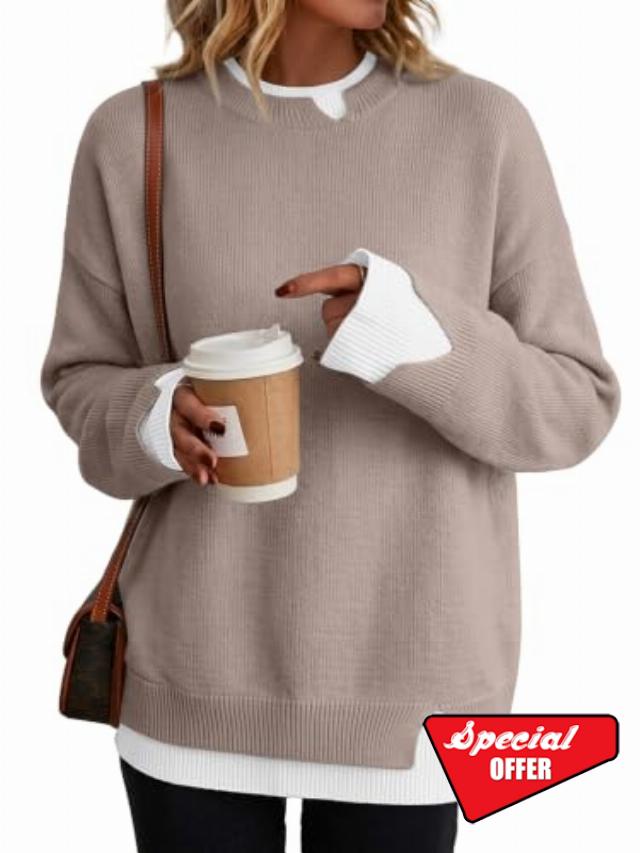 Trendy Queen Womens Oversized Sweaters 2026 Fall Fashion Teacher Outfits                                                          Patchwork Comfy Knit Long Sleeve Tunic Pullover