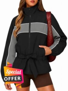 Yousify Womens Lightweight Windbreaker Jacket Casual Outerwear with Belt                                                          Color Block