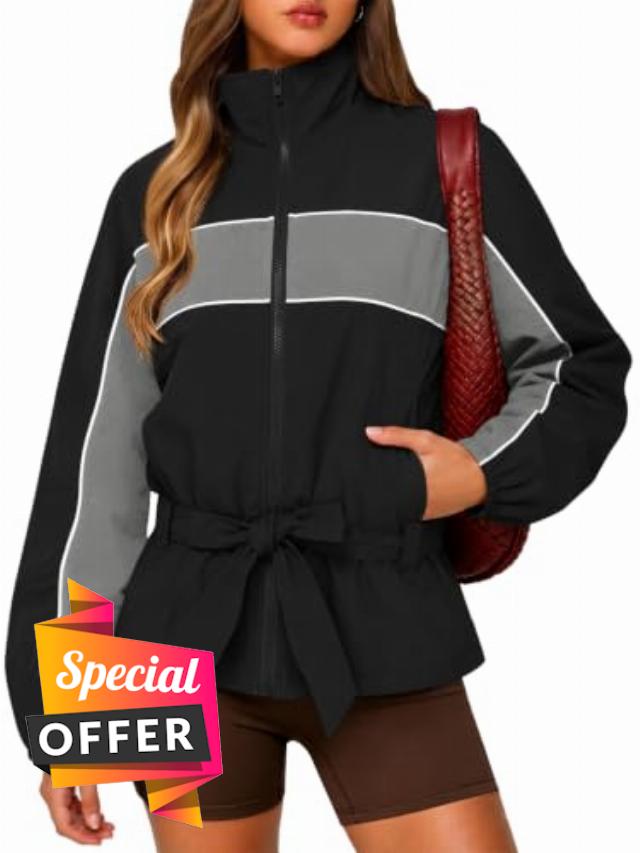 Yousify Womens Lightweight Windbreaker Jacket Casual Outerwear with Belt                                                          Color Block