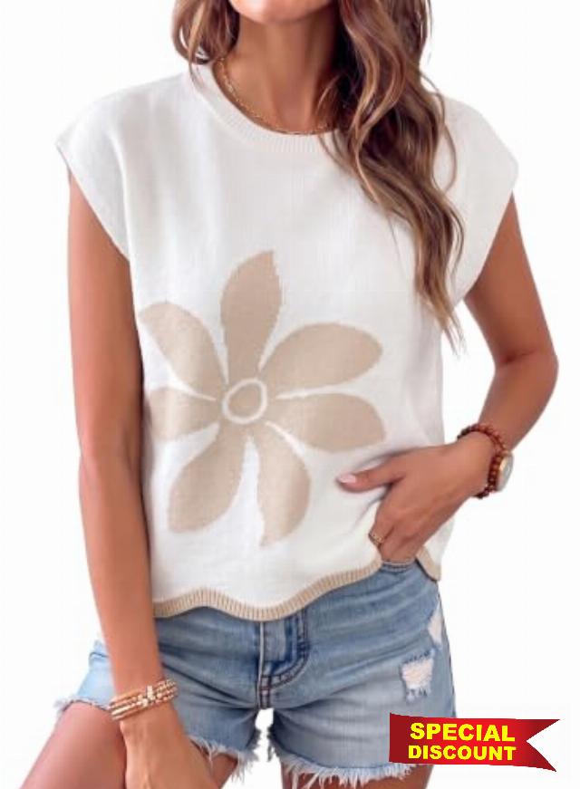 Dokotoo Women Floral Sweater Vest Cap Sleeve Cute Knit Top                                                          Trendy Floral Knit Sweater Vest