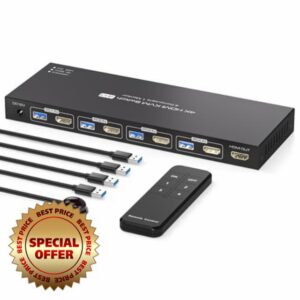 HDMI KVM Switch 4 Computers EDID 4K@60Hz 4 Port KVM for 4 PC Sharing 1 Monitor and 4 USB 3.0 Devices with Controlle