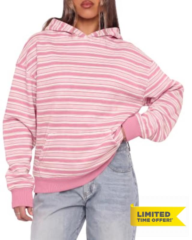 Cioatin Women Oversized Striped Hoodies Drop Shoulder Long Sleeve Fleece Hooded Sweatshirt Y2K Preppy Fall Pullover Casual