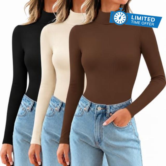 3 Pack Womens Turtleneck Tops Long Sleeve Slim Fit Base Layer Shirts                                                          Soft Thermal Underwear Stretchy Fit