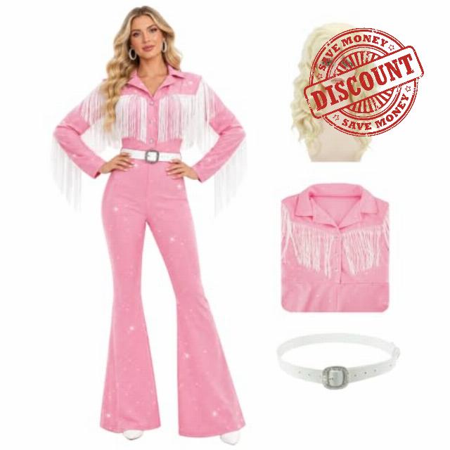 Women's Queen of Country Singer Costume Halloween Pink Fringe Bodysuit                                                          Country Music Star Cosplay Costume Long Sleeve Flare Leg Jumpsuit with Belt for Halloween Party Dress-Up