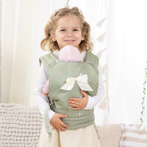 Green Padded shoulder straps and lockable hip belt fit 18 inch dolls and plush toys for toddlers and children aged 3 plus.
