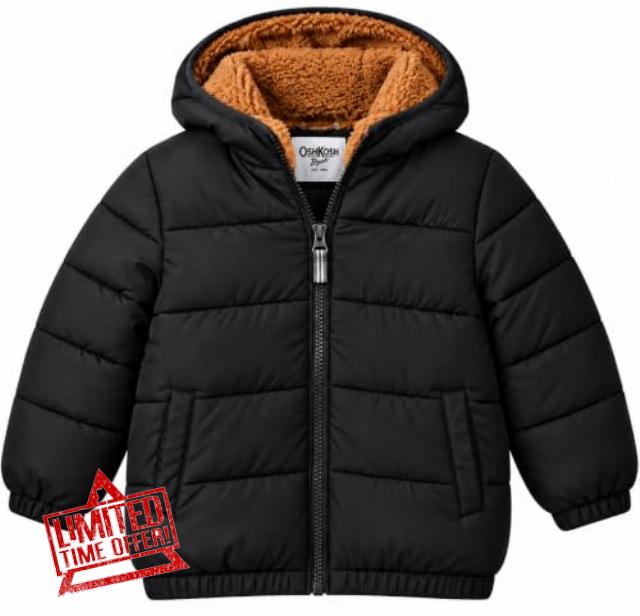 OshKosh B'Gosh boys Heavyweight Winter Jacket With Sherpa Lining                                                          Boys hooded winter puffer coat with a full zip front and quilted design; choose sherpa or fleece lined styles by color.