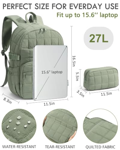 15.6" Puffer College Laptop Backpack 27L Quilted Work Back Pack w/ Double Zipper