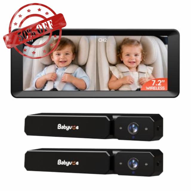 Babyvue BV6Plus 7.2" Wireless Dual Baby Car Camera for Fast Setup Anti-Glare Split Screen Monitor for 2 Kids
