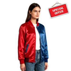 MrKnight Womens Red‑Blue Split Color Costume Jacket Silky Outerwear for Halloween Dress‑Up