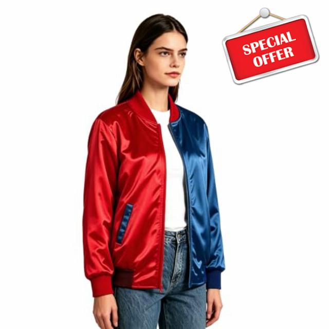 MrKnight Womens Red‑Blue Split Color Costume Jacket Silky Outerwear for Halloween Dress‑Up