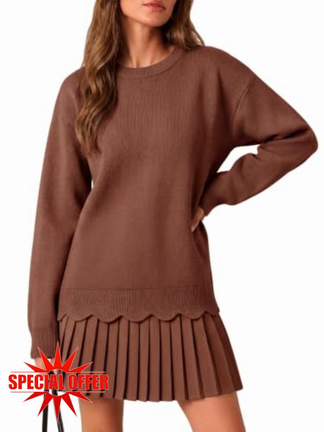 Saodimallsu Womens Pleated Sweater Dress Long Sleeve Crewneck Trendy Cute Loose Knit Fall Mini Dresses
