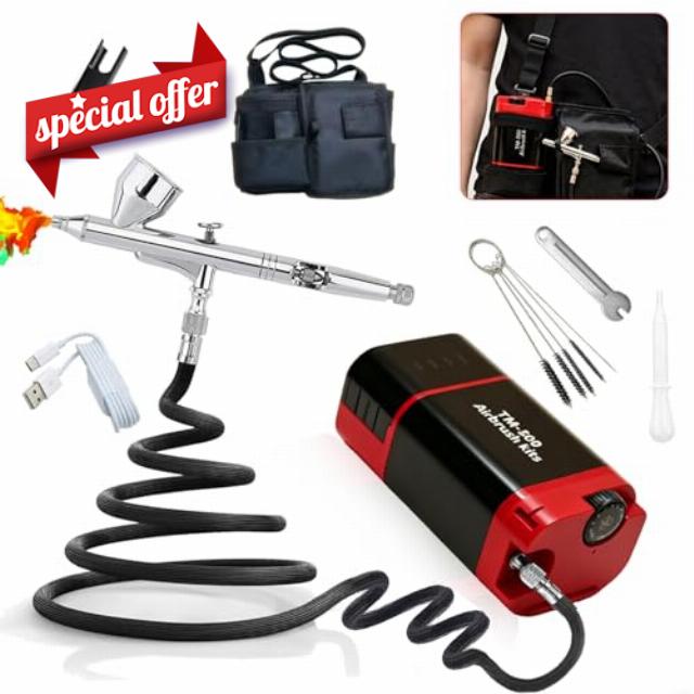 Portable 20-50PSI 8000mAh Airbrush kit with Compressor & Crossbody bag                                                          10 pressure gear 20 to 50psi adjustment with portable shoulder bag for multipurposely spray use