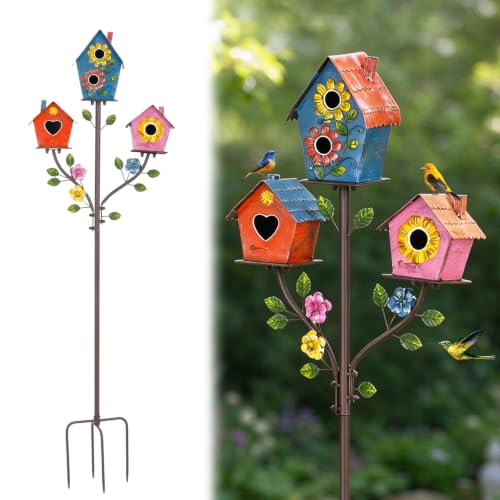 3‑in‑1 Bird Houses for Outside with Pole                                                          Hand‑Painted Decorative Birdhouse Stake for Outside