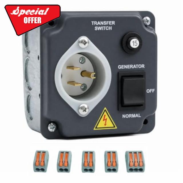 Manual Generator Transfer Switch 15A 125V Outdoor Circuit Backup Power Switch for Generators Solar Systems Indoor Outdoor RV Home