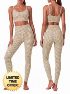 Aoysky Womes Gingham Workout Sets 2 Piece Outfits Gym Yoga Legging Set                                                          U neck sports bra with adjustable straps