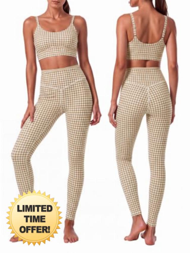 Aoysky Womes Gingham Workout Sets 2 Piece Outfits Gym Yoga Legging Set                                                          U neck sports bra with adjustable straps