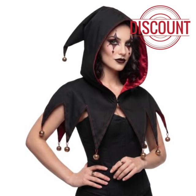 BLESSUME Jester Hooded Collar Cape with Bells Black Red Satin Lined Court Fool Hat for Harlequin Halloween Cosplay Adults