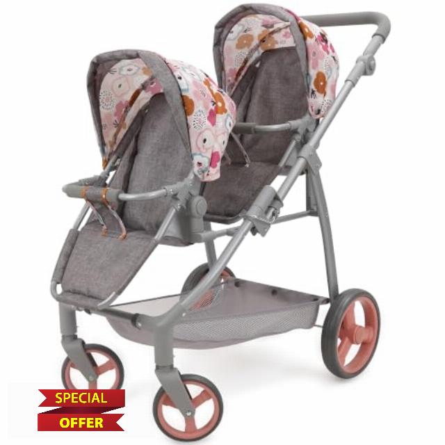 509 Crew: Melange Flora - Twin Doll Shopper Pram - Gray-Pink-Flower