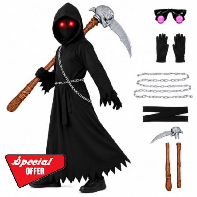Halloween Grim Reaper Costume Outfit Death Role Play Set for Kids 3-12                                                          Scary Grim Reaper Costumes for Boys Girls Ages 3-5 6-8 9-12