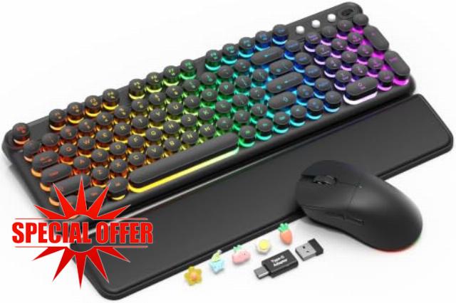 SABLUTE RGB Backlit Wireless Keyboard and Mouse Combo with Retro Round Keys                                                          7 solid colors + RGB