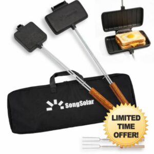 Cast Iron Pie Iron 2 Pcs Campfire Sandwich Maker with Storage Bag                                                          5.1" Mountain Pie Maker with 22.6" Thickened Handles & Smores Sticks
