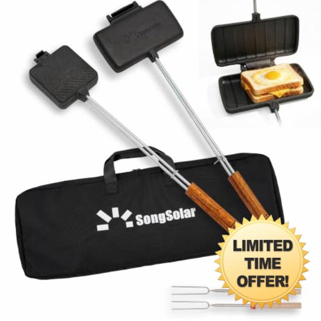 Cast Iron Pie Iron 2 Pcs Campfire Sandwich Maker with Storage Bag                                                          5.1" Mountain Pie Maker with 22.6" Thickened Handles & Smores Sticks