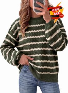 Dokotoo Sweaters for Women Oversized Striped Color Block Sweater Knit Tops                                                          Long Balloon Sleeve