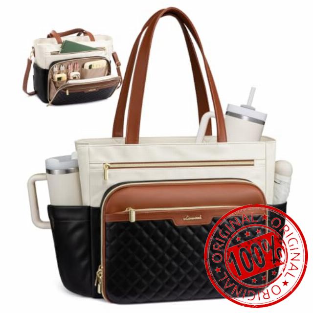 LOVEVOOK Teacher Tote Bag Soft PU Leather Work Briefcase Quilted Laptop Bag                                                          3 Large Cup Holders