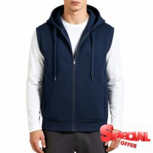 Men's Hooded Full Zip Vest Sleeveless Warm Fleece Lined                                                          Cotton fleece lined hooded vest with side pockets