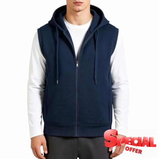 Men's Hooded Full Zip Vest Sleeveless Warm Fleece Lined                                                          Cotton fleece lined hooded vest with side pockets