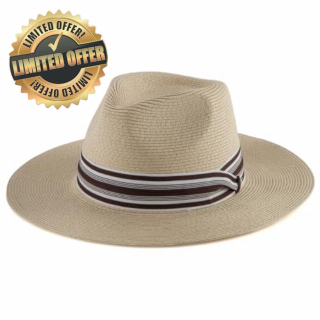 Women's Wide Brim Straw Sun Hat with Striped Band Summer Fedora Hat Panama                                                          7 1/4 Adjustable