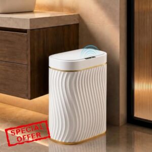 5 Gallon Automatic Bathroom Trash Can with Touchless Lid，White Gold                                                          Motion Sensor Trash Can with Slim Waterproof Body; Small Plastic Garbage Can